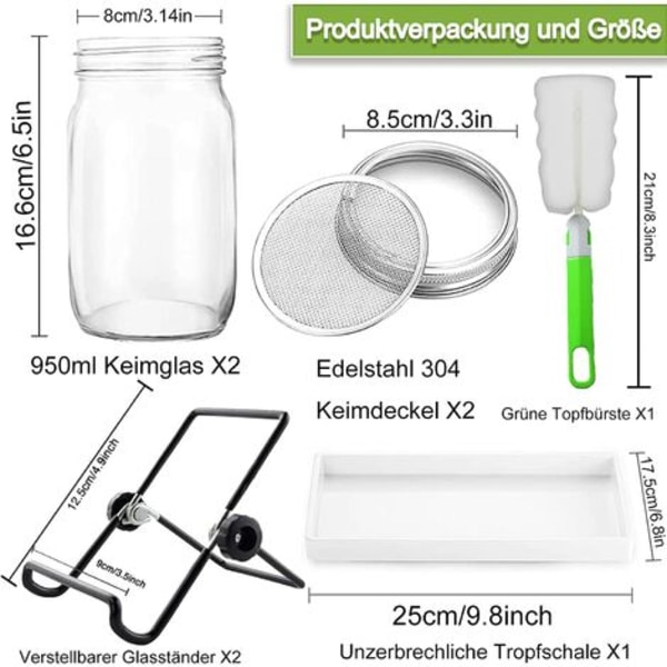 Groningsburkar, 950ML Glass Sprouter med, Groningsfrö Sprouter, 2 rutnät, 2 hållare, 1 groningsskål, Groningsburk för broccoli, vattenselleri,