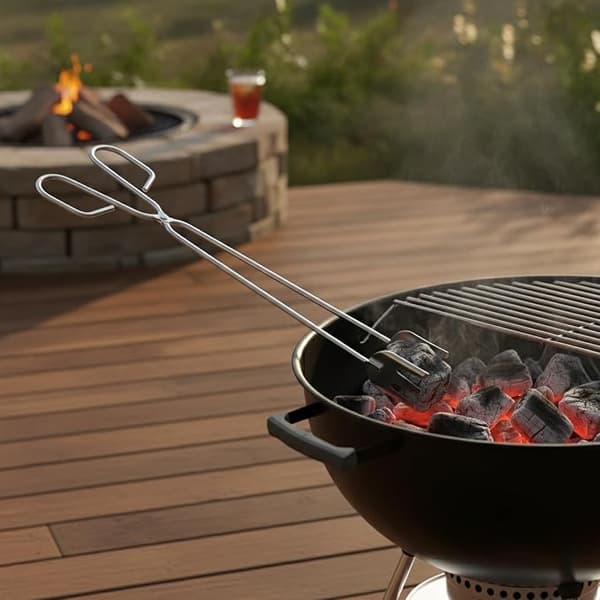 2-delt langskaftet kulltang, grillverktøy i karbonstål, egnet for bålpanner og grill, sølv, 35,5 cm lang