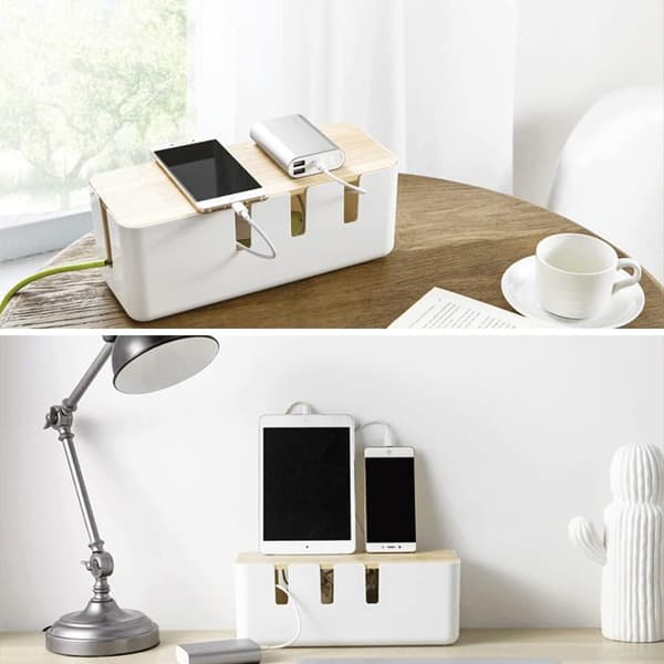 Kabelstyringsboks, 30,5x12,3x11,9 cm, trælåg, velegnet til skrivebords-tv, computer og USB-hub-systemer.