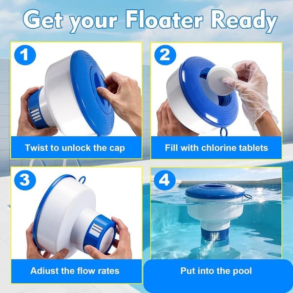 Flytande klortablettdispenser för pooler 7\" diameter poolklorflottör passar 3\" tabletter med justerbara flödesventiler balanserade simbassänger spa