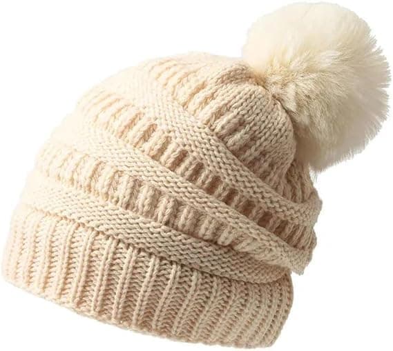 Women's Twisted Knit Beanie Thick Wool Hat Solid Color Warm with Drawstring Top Casual Style Provides Warmth.