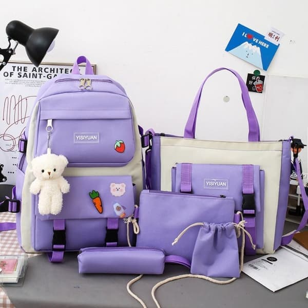 5PCS/ SET Backpack School Bag PURPLE Purple Purple