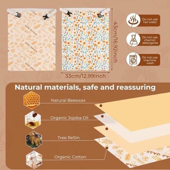 2-pack beeswax bread bags XXL - 43x33cm - Reusable bread bag - Breathable & moisture-regulating - Natural beeswax & cotton - Keeps bread fresh longer