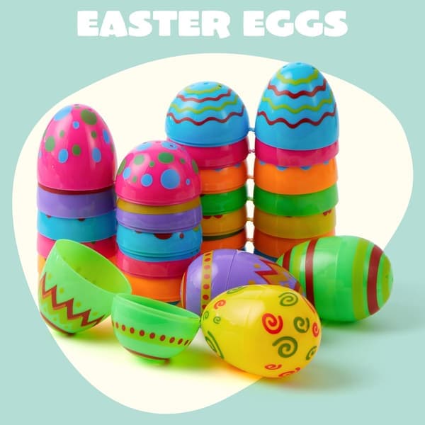 Toy 36 Pcs Plastic Printed Bright Easter Eggs Over 3 Inches Tall Fillable Empty Eggs in Bulk for Easter Hunt, Basket Stuffers, Classroom Prize