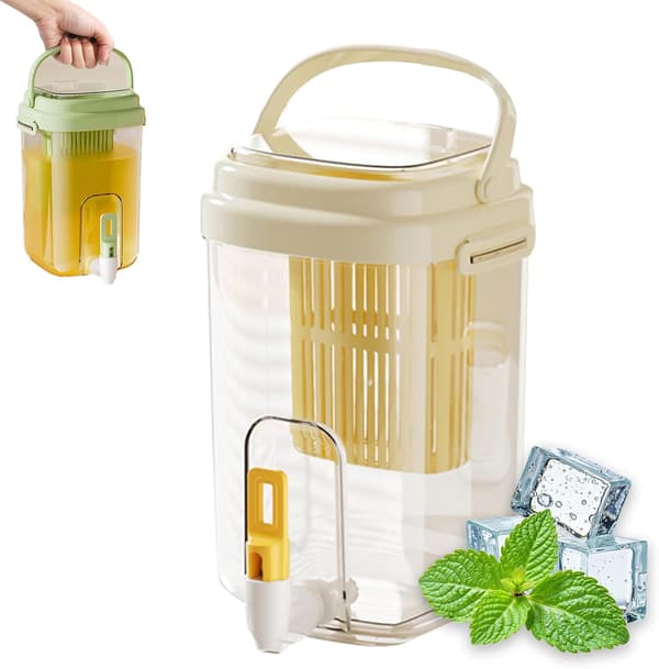 Beverage Dispenser with Tap, Cold Water Pitcher with Filter, Drink Container for Water, Lemonade, Tea, and Juice (Light Yellow)