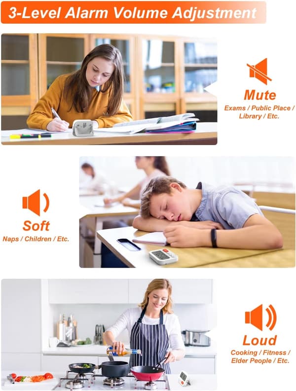 Multifunktionel digital køkkentimer med urfunktion, hurtig indstilling, 3 lydniveauer, magnetisk bagside, foldbar stander