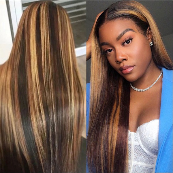 Highlights Ombre Blonde Peruk för Kvinnor Syntetisk Lång Rak Hai