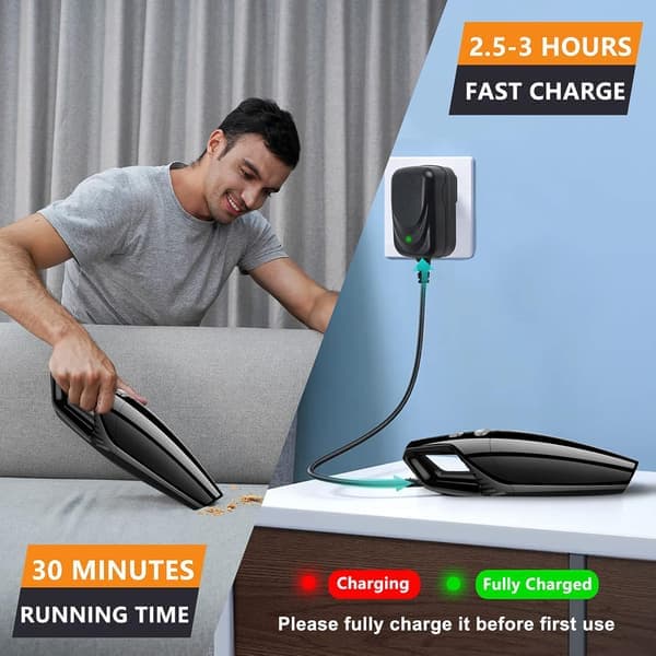 This handheld cordless and rechargeable mini car vacuum cleaner features high-efficiency wet/dry cyclonic suction and fast charging.