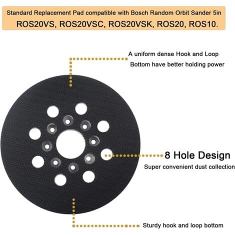 Hard sanding pad Ø 125 mm with 8 holes for efficient dust extraction. Compatible with Bosch PEX 12, PEX 125, PEX 400 A. Durable rubber.