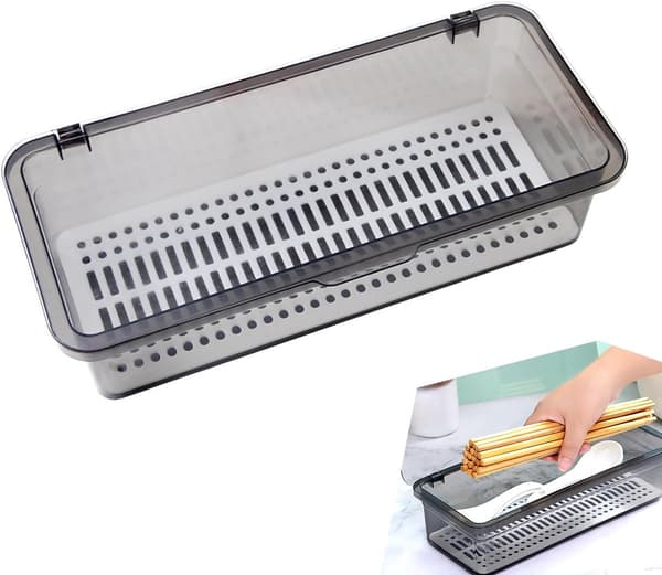 Cutlery boxes with lid and drain, cutlery boxes, kitchen cutlery racks and cutlery boxes for cutlery and silverware (grey).