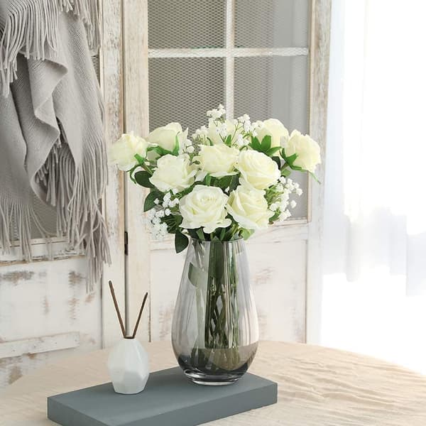 Kunstige roser silkeblomster bukett hjemmekontor bryllupsarrangement hvit (10 stk)