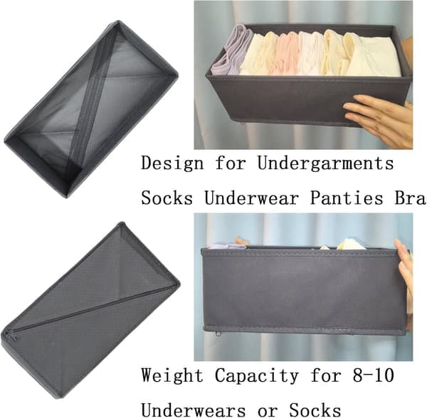 Sock Drawer Organizer 3-Pack - Foldable Fabric Storage Bins for Underwear, Dividers, Small Closet Organizers with 3 Compartments, Grey