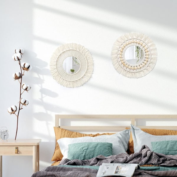 2-pack Macrame-hängande väggspegel med vävd frans Boho rund dekorativ spegel för lägenhet sovrum vardagsrum heminredning vit 2