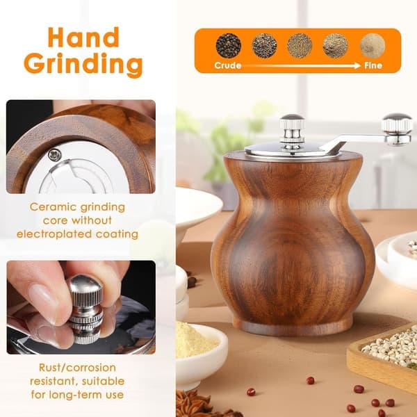 Pepper Mill Set Manual Wooden Hand Crank Salt Grinder with Adjustable Coarseness Spice Grinders