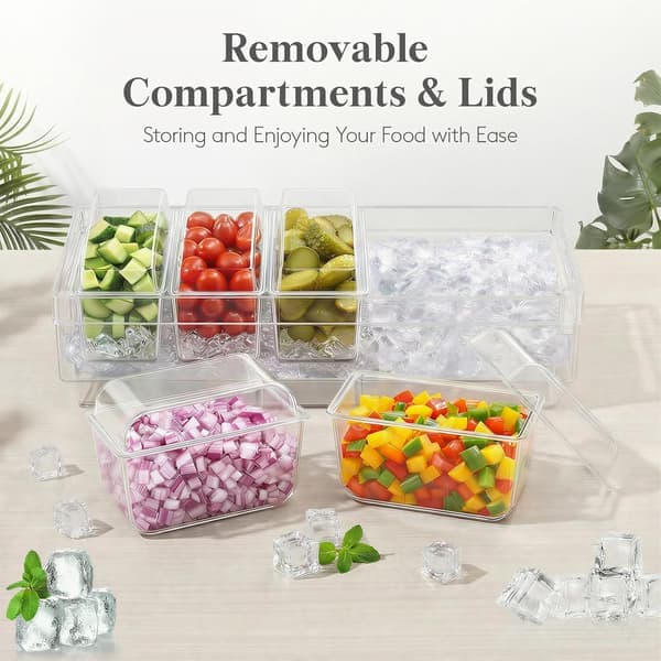 Chilled Condiment Containers with Lids, Plastic Taco Bar Serving Set for Party with 5 Compartments, Ice Tray for Mimosa Bar Accessories, Clear Serving