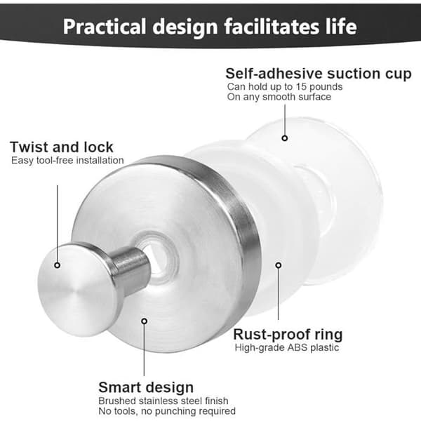 2 Stainless Steel Suction Cup Hooks, Waterproof for Kitchen and Bathroom (Silver) SUCTION CUP