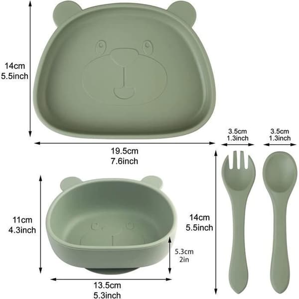Silicone Dinnerware for Baby with Suction Cup, Green - Dishwasher Safe, Microwave Safe, BPA-Free
