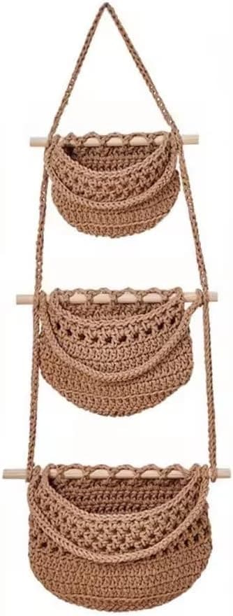 Practical Cotton Rope Fruit Basket, Simple and Stylish, Three-Layer Storage Bag, Handmade Fruit Net Pocket for Living Room (Beige)