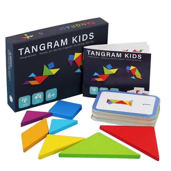 Tangram Træpuslespil Sæt, 60 Mønsterkort, Pædagogisk Legetøj til Børn