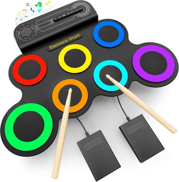 Electronic Drum Set with Built-in Speakers, Practice Pad for Kids, Portable Roll-Up Drum Machine, Birthday and Christmas Gift