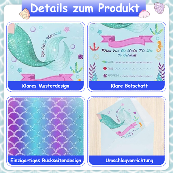 VULAVA 12x glitter INBJUDNINGSKORT för fester och barnfödelsedagar - färgglad sjöjungfrudesign är INBJUDAN för flickor pojkar barn för