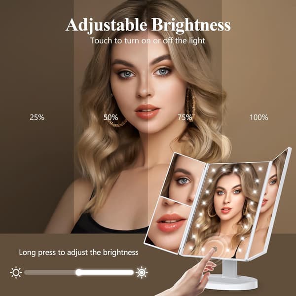 A makeup mirror with built-in light with 2x, 3x, and 10x magnification, touch controls, a tri-fold design, and dual power supplies. White