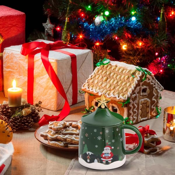 Julkeramisk mugg med handtag, lock och sked - Jultomten - Julklapp