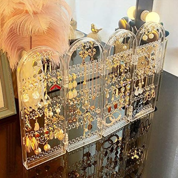 Hål Akryl örhängen Hållare för kvinnor, 4 dörrar vikbar skärm Halsband Display Rack, Hängande smycken Organizer Stand Display