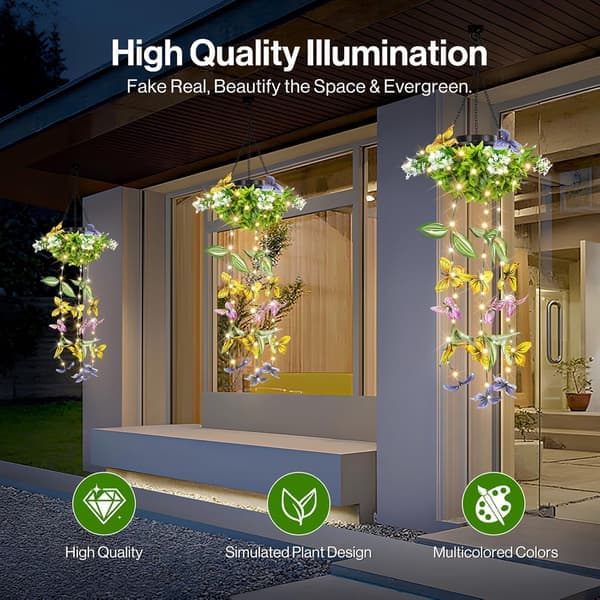Solar Powered Hanging Garden Lights 2-pack - LED String Light with Artificial Butterflies and Flowers, IP65 Waterproof Outdoor Decor