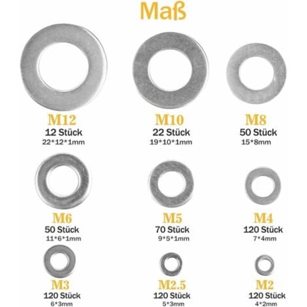 Brickor-684 brickor 9 storlekar av brickor i rostfritt stål och låsbrickor (M2 M2.5 M3 M4 M5 M6 M8 M10 M12) (Silver)