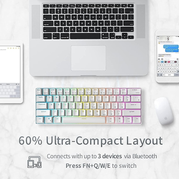 Rk Rk61 Rgb Wireless/wired 60% Compact Mechanical Keyboard, 61-key Bluetooth Small Portable Gaming Office Keyboard, Suitable For Windows And Mac White