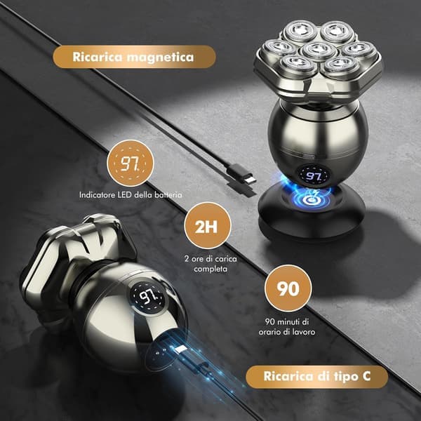 7D magnetisk barbermaskin Absolute-6 - Zero Glip hodebarbermaskin, IP67 vanntett med LED-skjerm, 6-i-1 hår