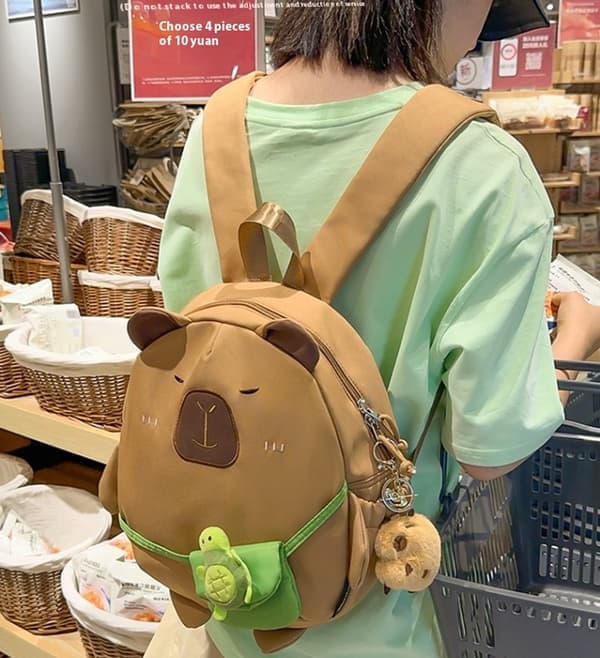 Backpack, 15L Holds laptop in compartment, With Capybara pendant, Brown