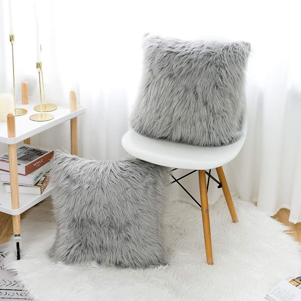 Set med 2 ljusgrå dekorativa fluffiga kuddfodral Nya lyxserie Merino Style Faux Fur Throw Pillow Covers Square Fuzzy Cushion Case 18x18 tum