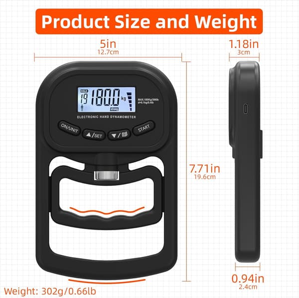 396lbs/180kg Håndgrebstræner, Genopladelig Elektronisk Hånddynamometer, Digital Håndgreb Styrketester med LCD-display, Justerbart Håndgreb sort