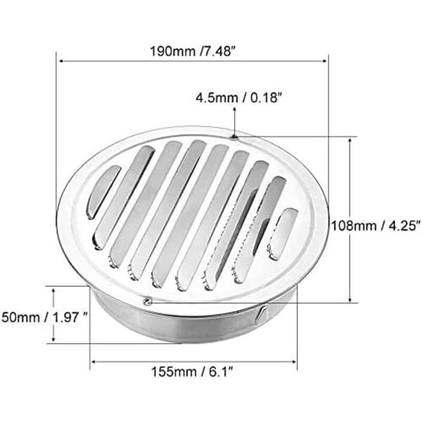 Rundt ventilasjonsgitter i rustfritt stål, 100 mm metallventilasjonsgitter