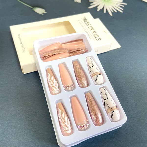 Rose Gold Glitter Press-on Nails Square Extra Long Ballerina False Nails White Leaf Marble Pattern Fake Nails with Rhinestone Design Reusable