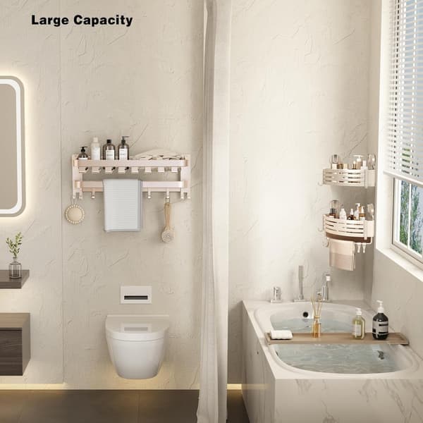 Corner Shower Caddy Suction Cup Shower Shelf Drill-Free Corner Bathroom Shower Organizer with Towel Bar and Hooks