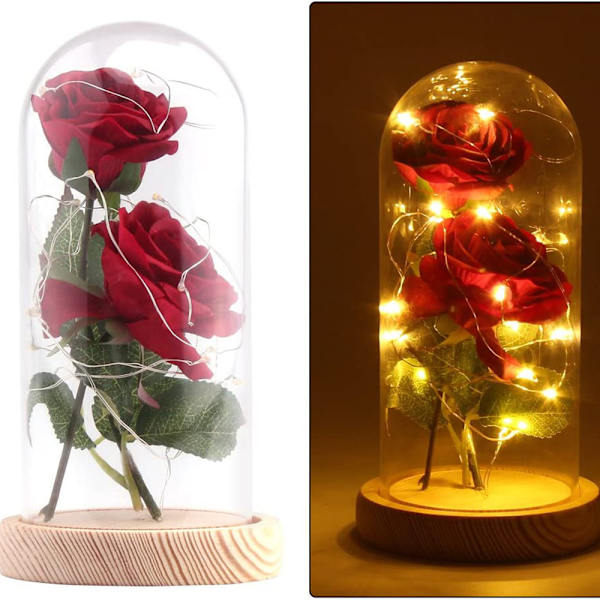 Röd ros LED-lampa med fallna kronblad i glaskåpa, DIY handgjord romantisk förtrollad kärlek för evigt present till bröllop, alla hjärtans dag,