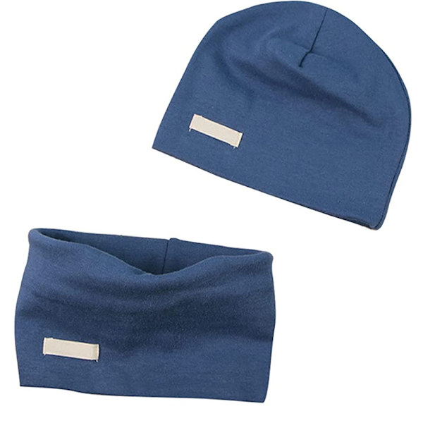 Barnmössa och halsduk set - Bomull Mjuk & Lätt Stretch Material Blå S