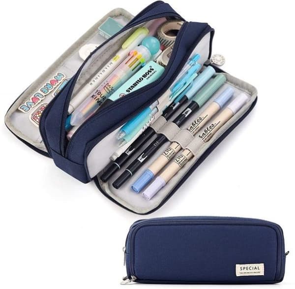 Double-Layer Double-Opening Pencil Case, Multifunctional Large Capacity Desktop Organizer - Navy Blue