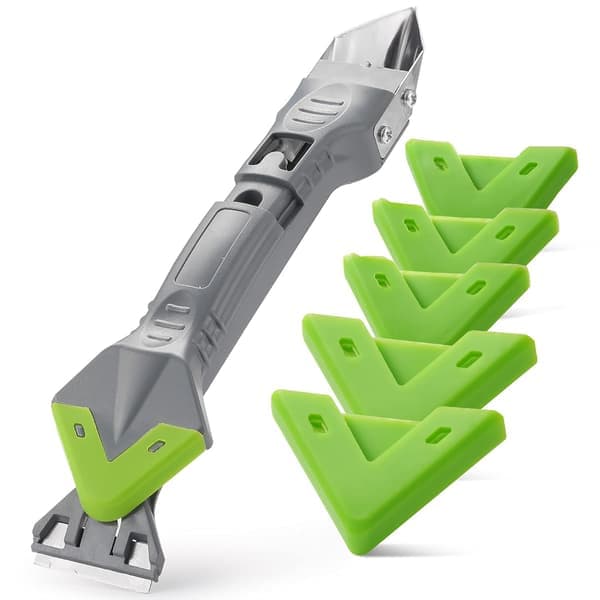 5-in-1 Silicone Caulking Tool (Stainless Steel Head), 5 Replaceable Silicone Pads, Caulk Remover and Silicone Sealant Corner Scraper.