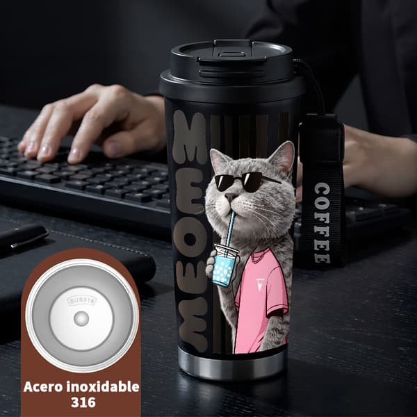 Termoskaffemugg 500ml Rostfritt Stål Blommig Design, Isolerad kaffemugg, läckagesäker resemugg med lock Black