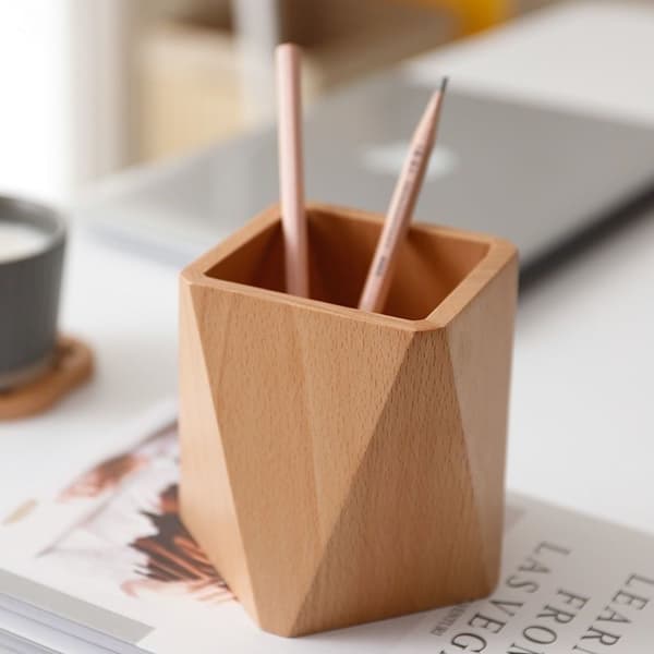 1 bambu skrivbords-pennhållare geometrisk träpenna kopp kruka