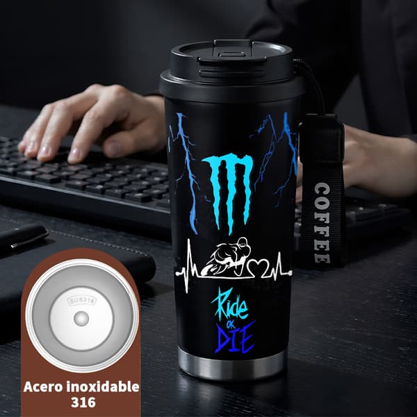 Termisk kaffemugg 500ml 316 rostfritt stål blommig design, Isolerad kaffemugg, läckagesäker resemugg med lock Black