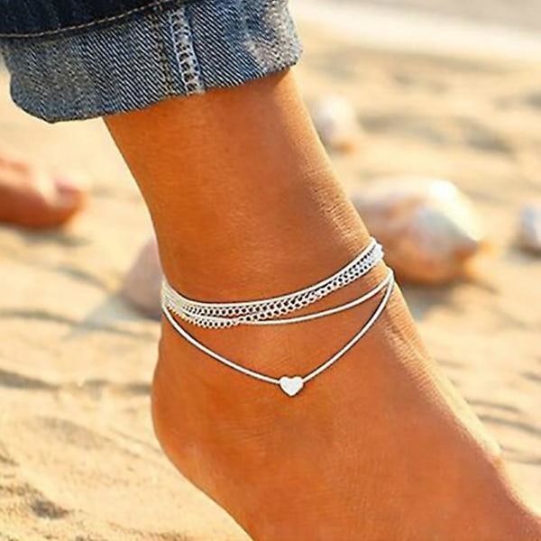 Boho flerskiktade fotlänkar silver kärlek fotlänkar kedja hjärta strand fot accessoar smycken för kvinnor och flickor