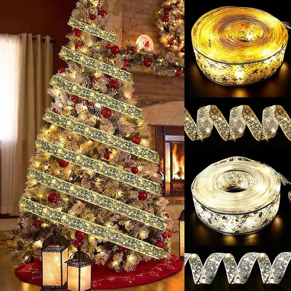 1 Glitter Christmas Tree Ribbon LED Light Garland for Christmas Tree Decoration - (warm light) Length: 1m