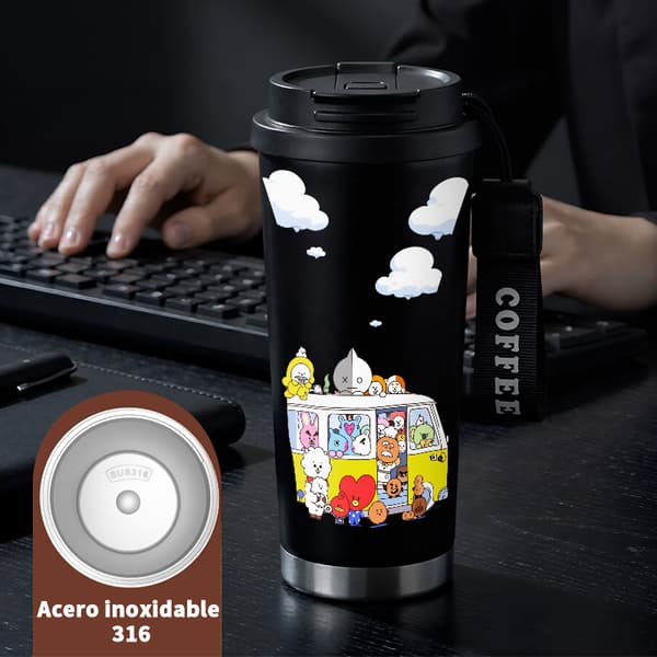 Termosmugg 500 ml rostfritt stål juldesign, isolerad kaffemugg, läckagesäker resemugg med lock Black