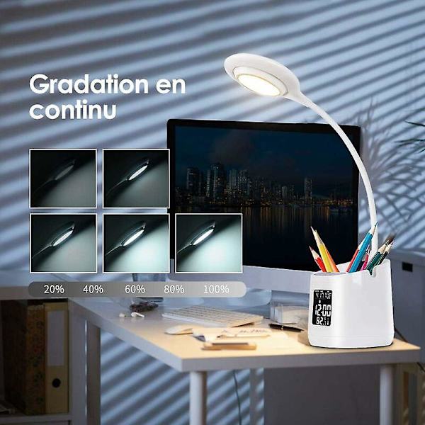 LED-pöytävalaisin, USB-ladattava lukuvalo, 3 valaistustilaa portaattomasti himmennettävä kosketusohjaus pöytävalaisin herätyskello, kalenteri ja lämpötilanäyttö