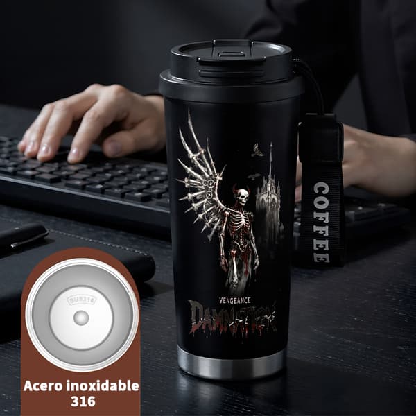 Kaffetermos 500ml Rostfritt Stål Geometrisk Design, Isolerad kaffemugg, läckagesäker resemugg med lock Black